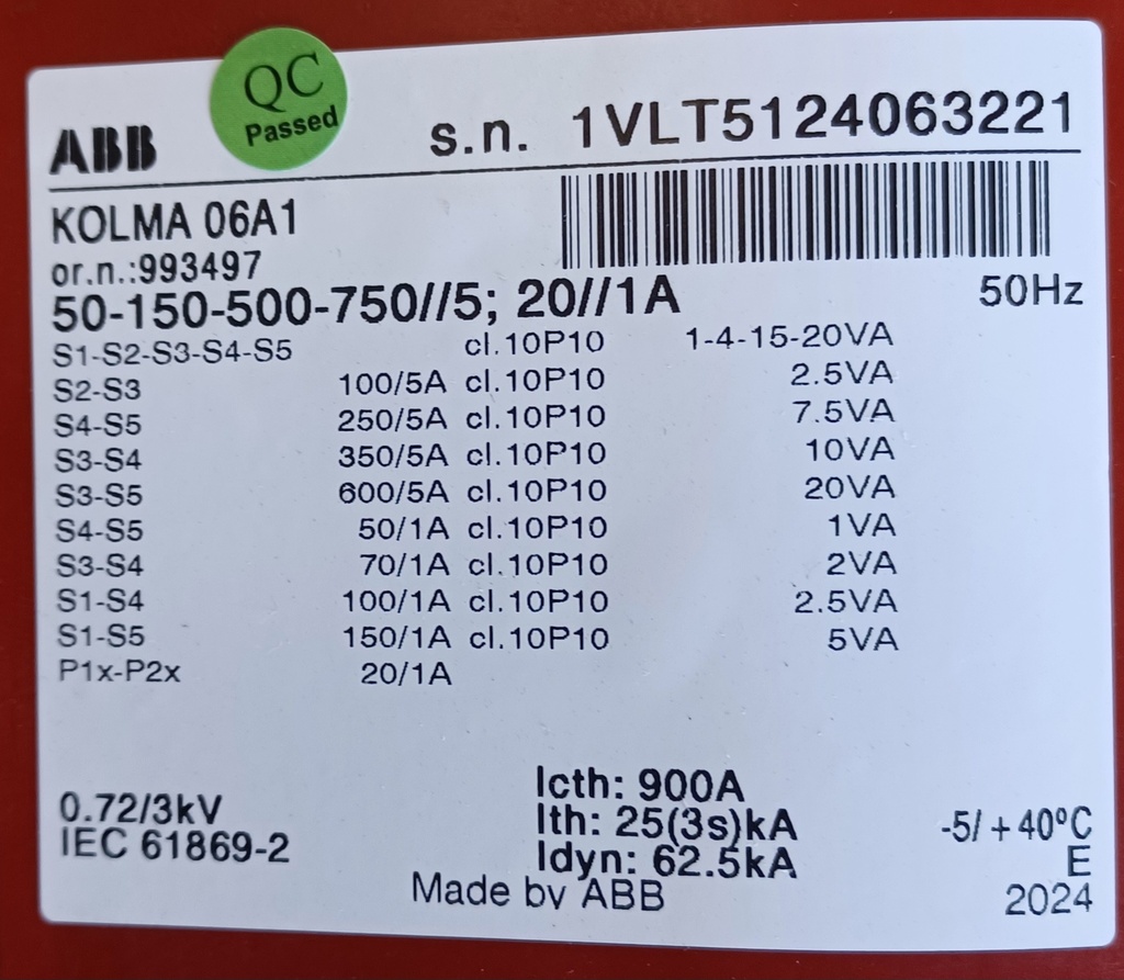 Kaapelivirtamuuntaja ABB KOLMA06A1 50-150-500-750//5; 20//1A