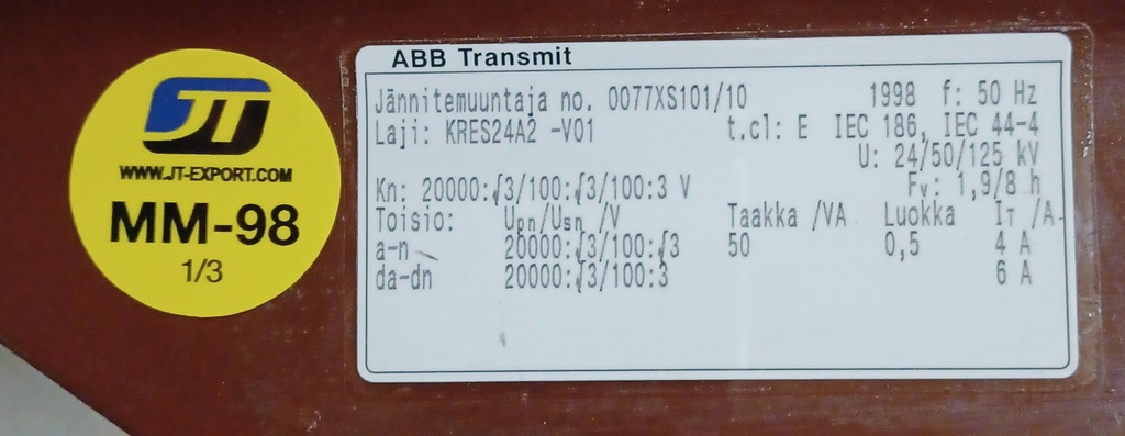 Jännitemuuntaja ABB KRES24A2 20000:V3/100:V3/100:3V lk0.5