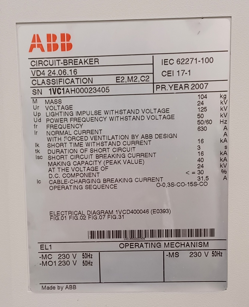 630A 24 kV ABB VD4 keskijännitekatkaisija