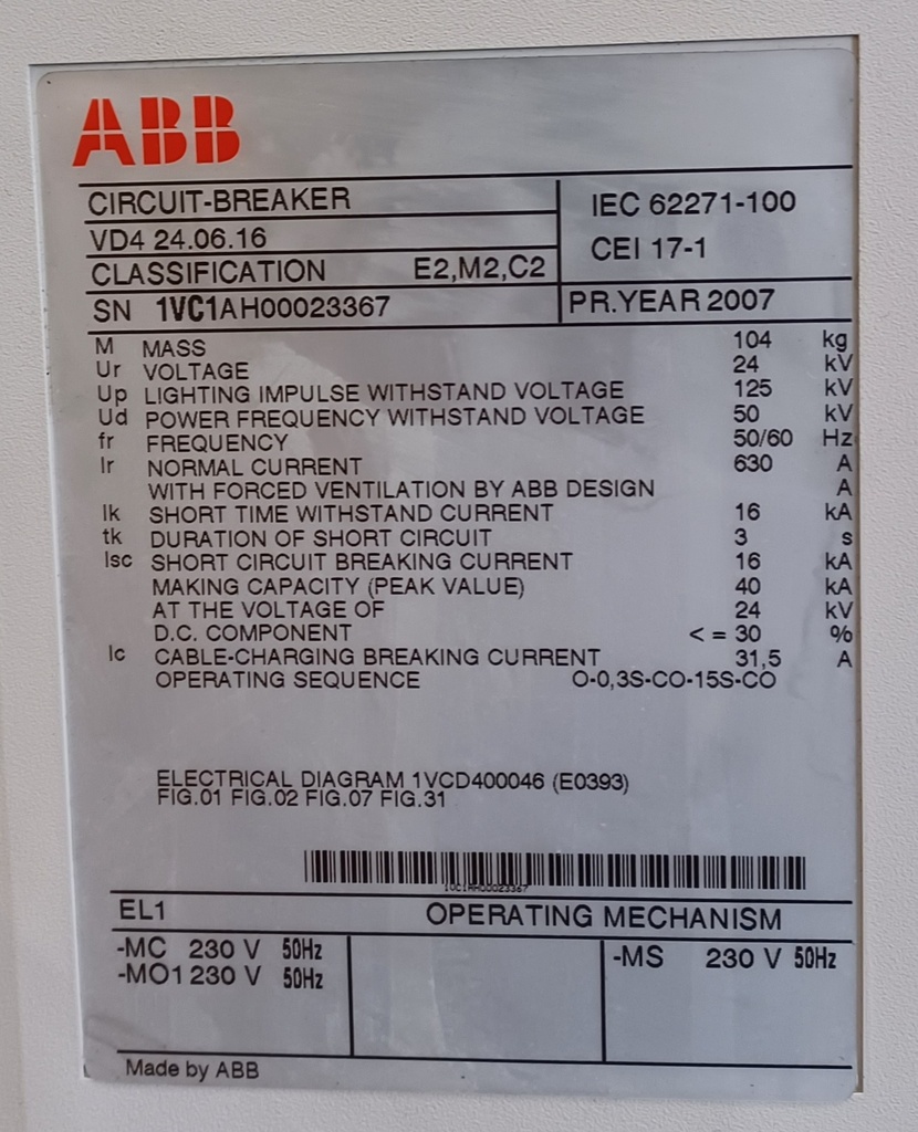 630A 24 kV ABB VD4 keskijännitekatkaisija