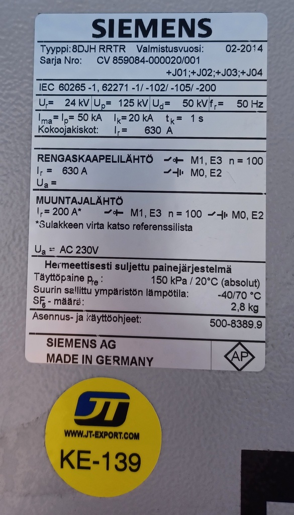 Siemens 20kV 8DJH erotinkojeisto 2014