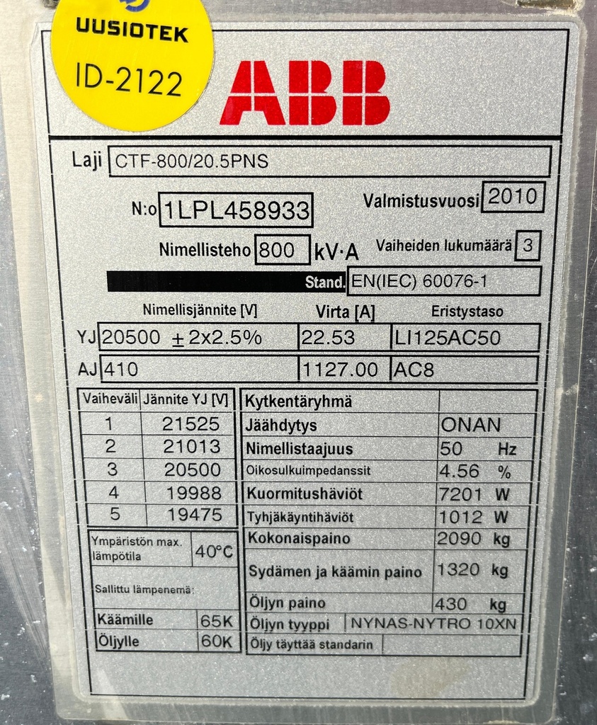 800kVA 20/0,4kV Öljymuuntaja ABB vm. 2010