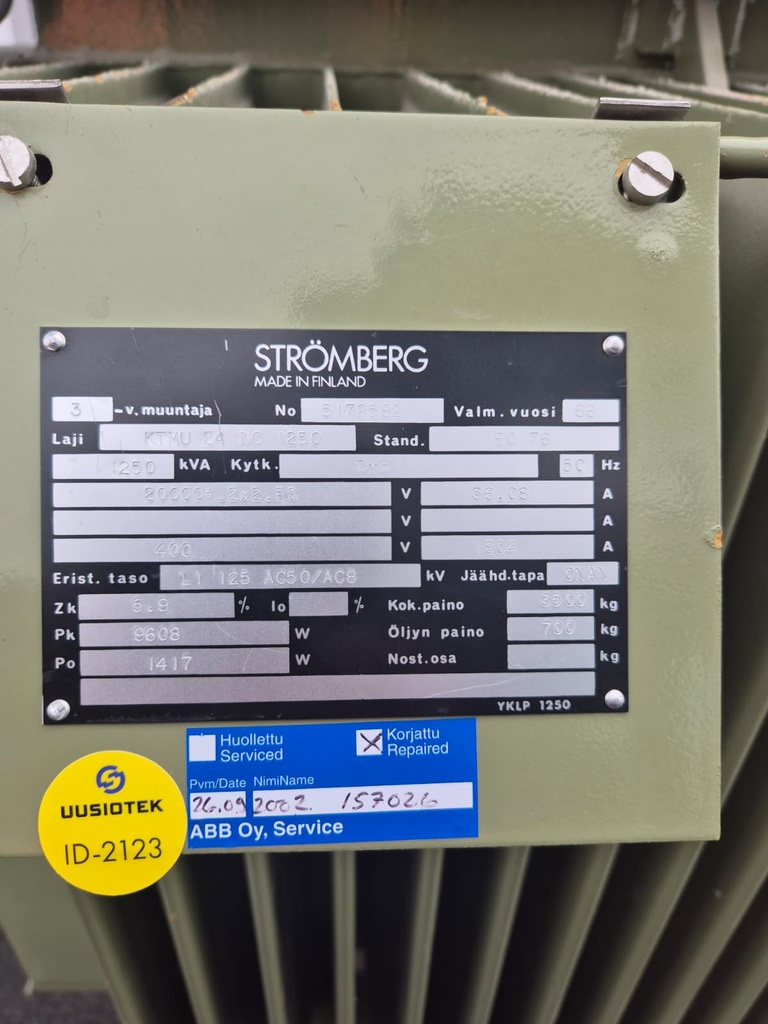 1250kVA 20/0,4kV Öljymuuntaja Strömberg vm. 1986