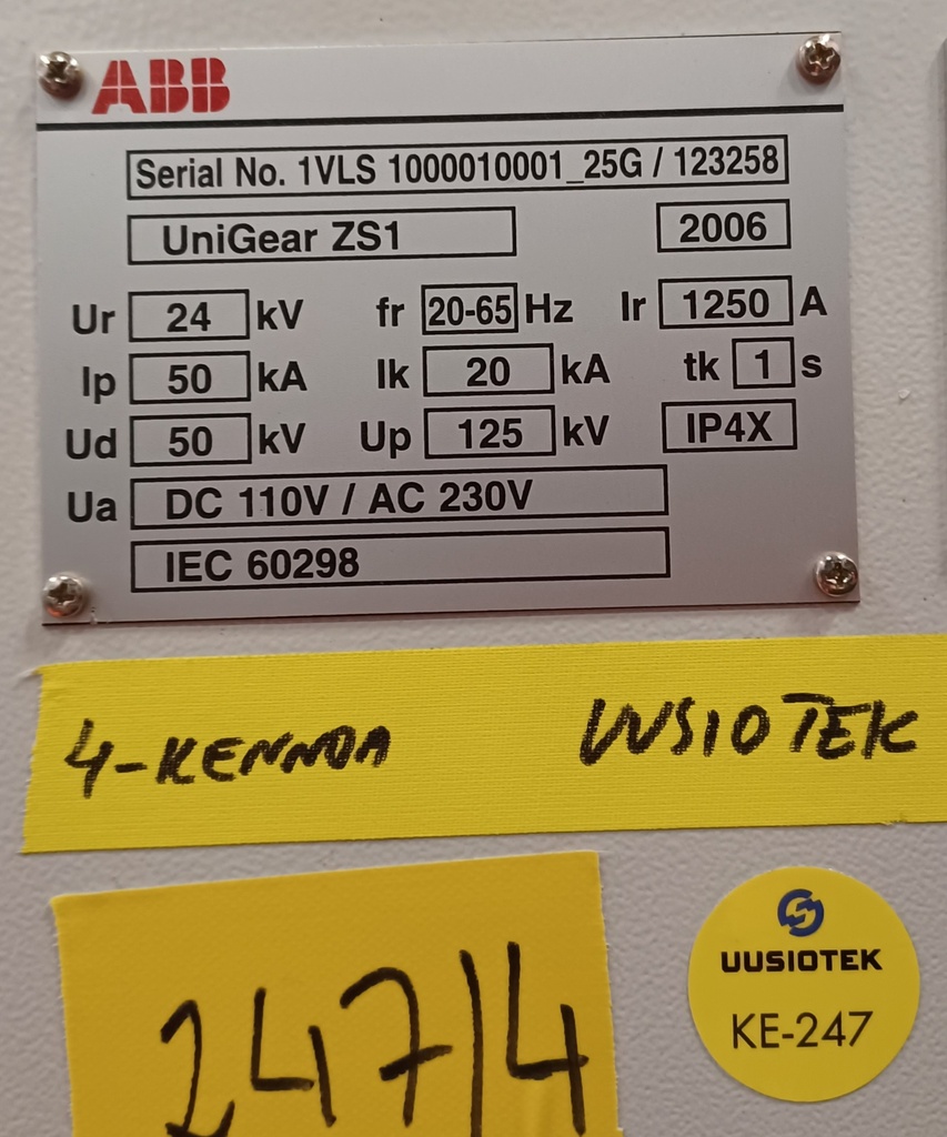 24kV 20kA 1250A ABB Unigear ZS1 kojeisto vm. 2006