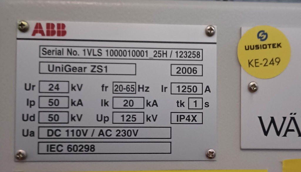 24kV 20kA 1250A ABB Unigear ZS1 kojeisto vm. 2006