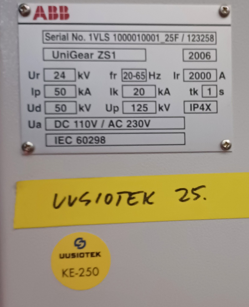 24kV 20kA 2000A ABB Unigear ZS1 kojeisto vm. 2006