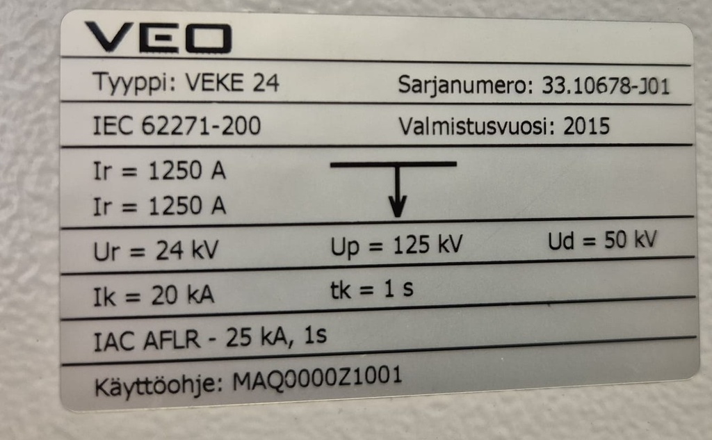 24kV 20kA 1250A VEO VEKE24 kojeisto vm. 2015