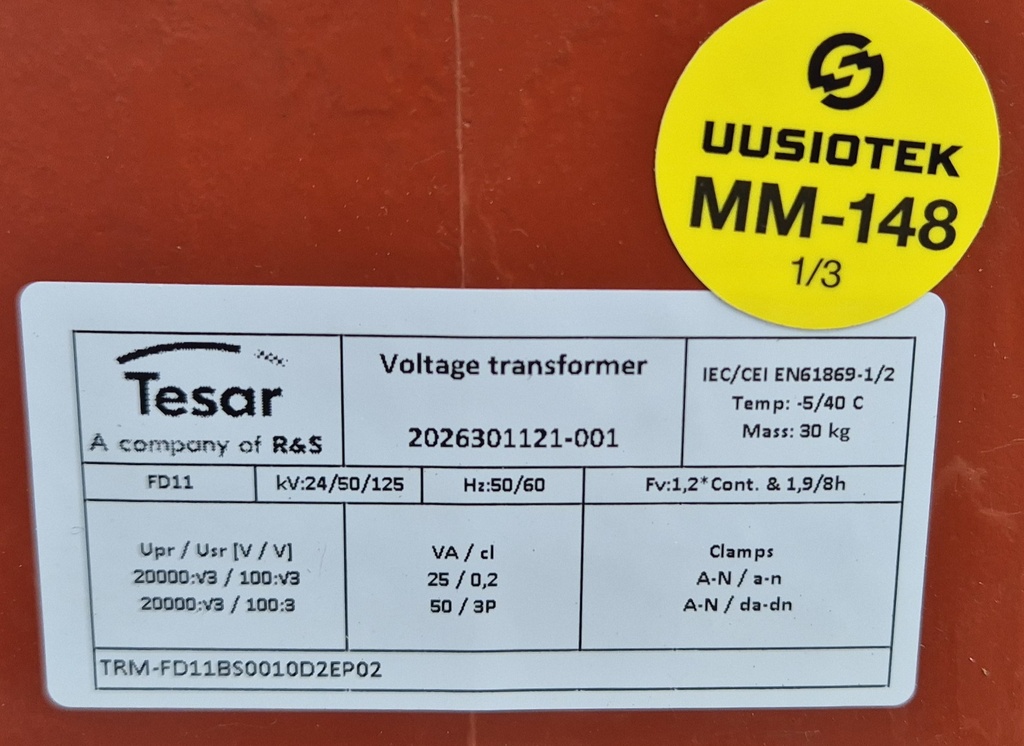 Jännitemuuntaja Tesar FD11 20000:V3/100:V3/100:3 25VA cl 0,2; 50VA