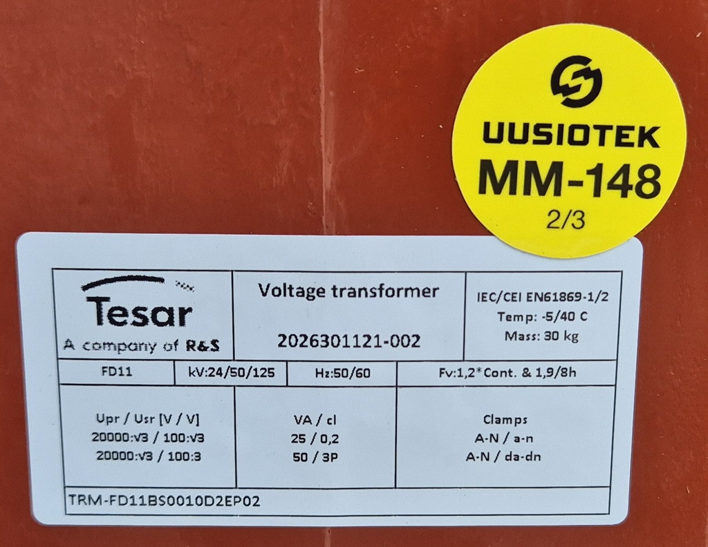 Jännitemuuntaja Tesar FD11 20000:V3/100:V3/100:3 25VA cl 0,2; 50VA