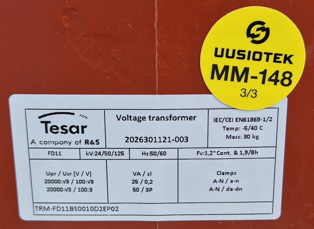 Jännitemuuntaja Tesar FD11 20000:V3/100:V3/100:3 25VA cl 0,2; 50VA