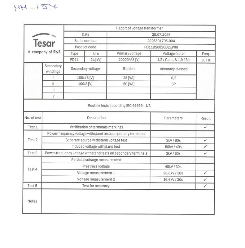 Voltage transformer Tesar FD11 20000:V3/100:V3/100:3 25VA cl 0,2; 50VA cl 3P