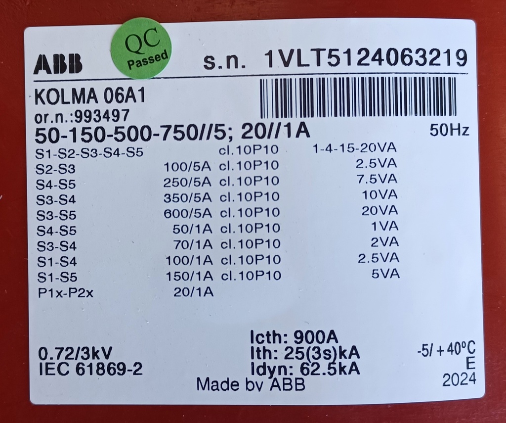 Kaapelivirtamuuntaja ABB KOLMA06A1 50-150-500-750//5; 20//1A