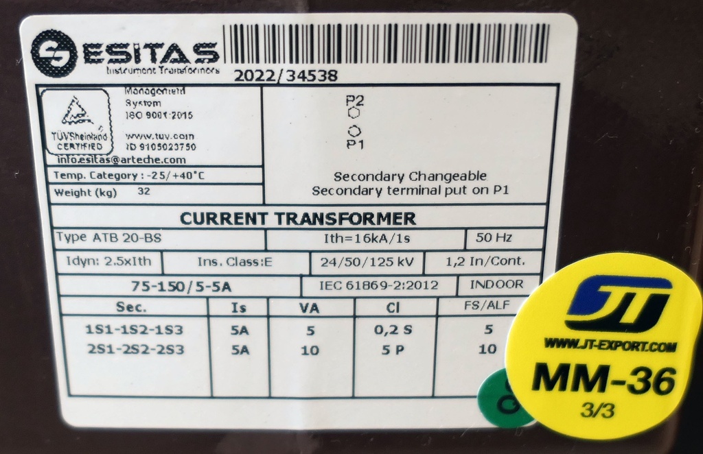 MM-36 Virtamuuntaja Esitas ATB20-BS 40-75-150/5-5A, 0,2S