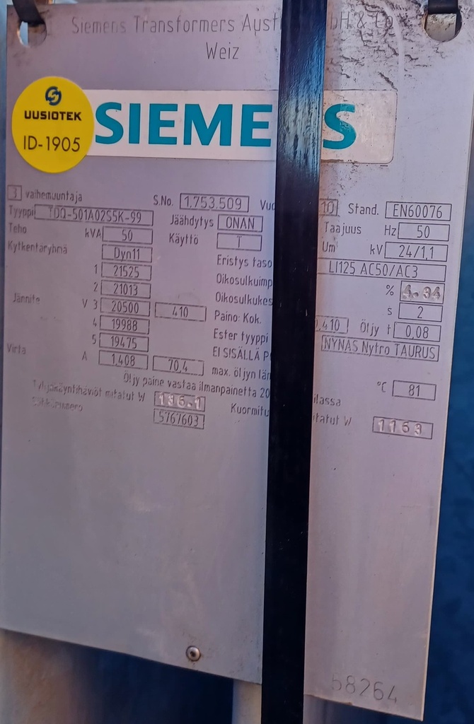 50kVA 20/0,4kV Öljymuuntaja Siemens vm. 2010
