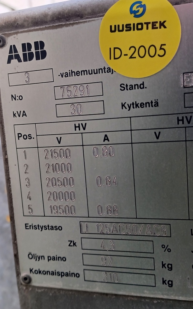 30kVA 20/0,4kV Öljymuuntaja ABB vm. 1996