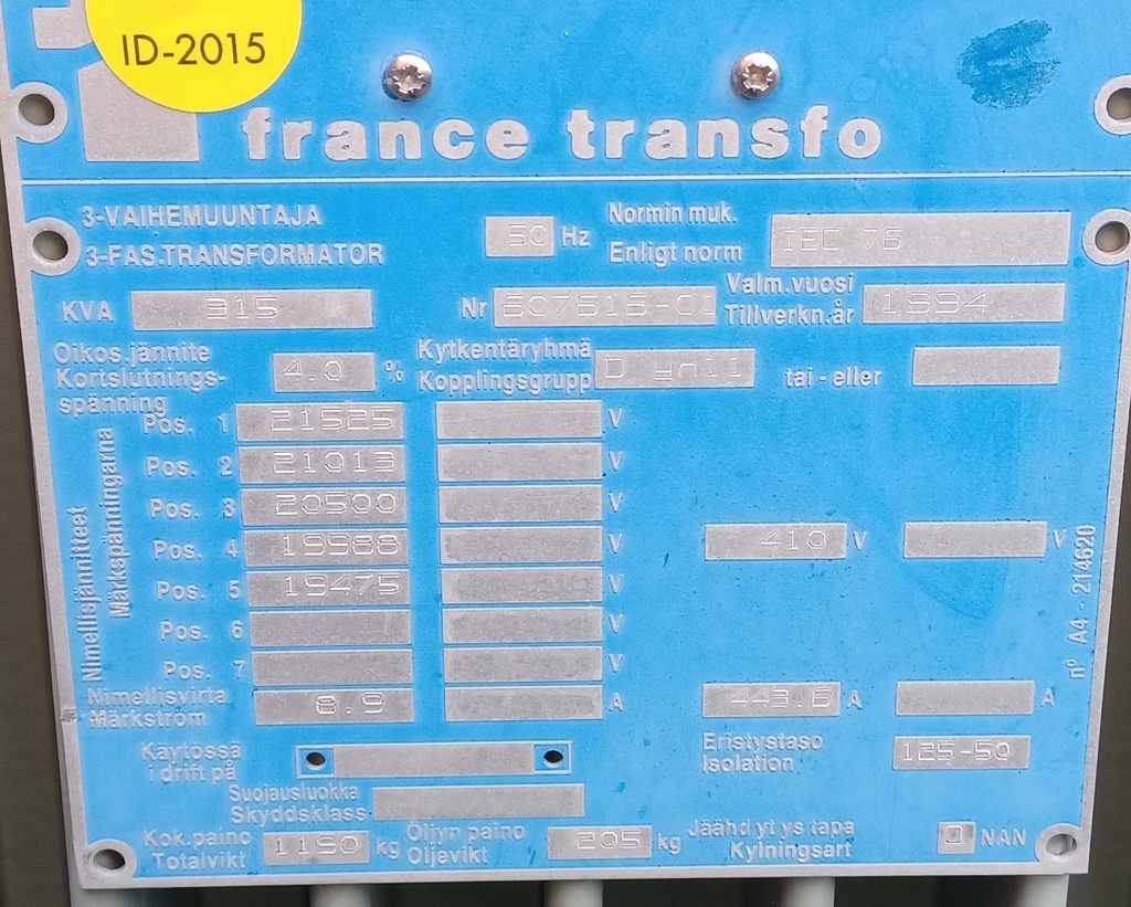 315kVA 20/0,4kV Öljymuuntaja France Transfo vm. 1994