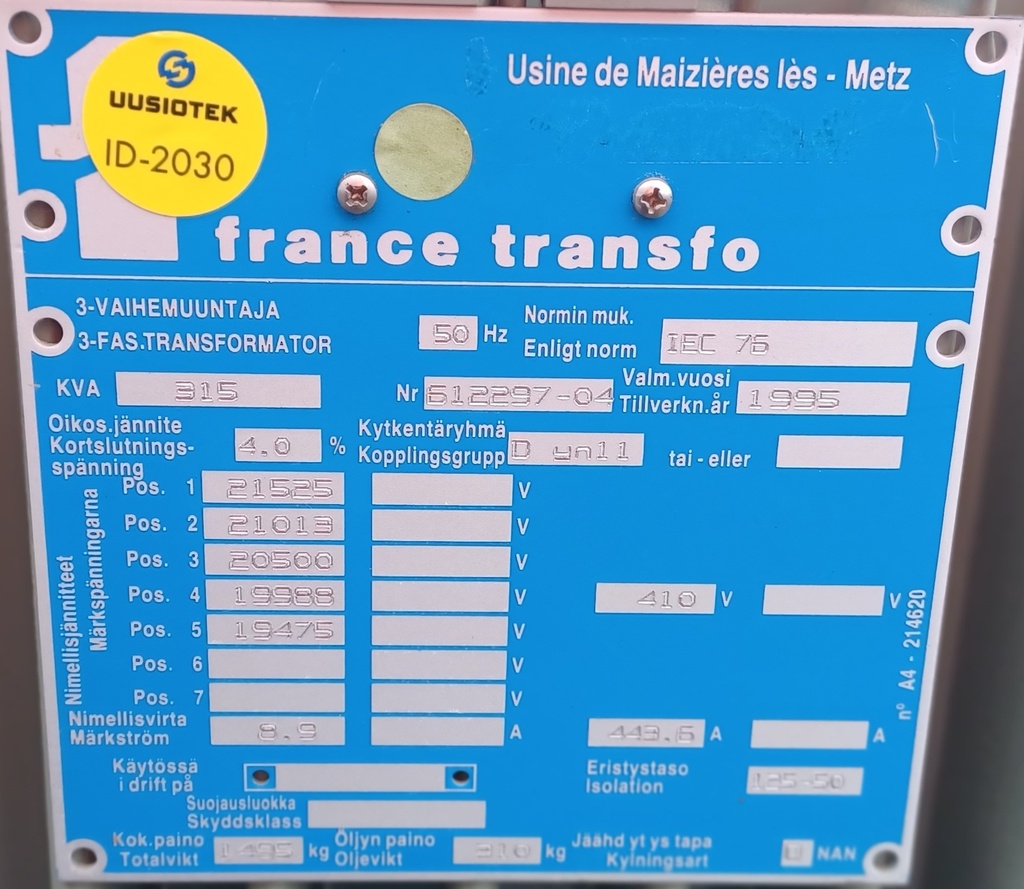 315kVA 20/0,4kV Öljymuuntaja France Transfo vm. 1995