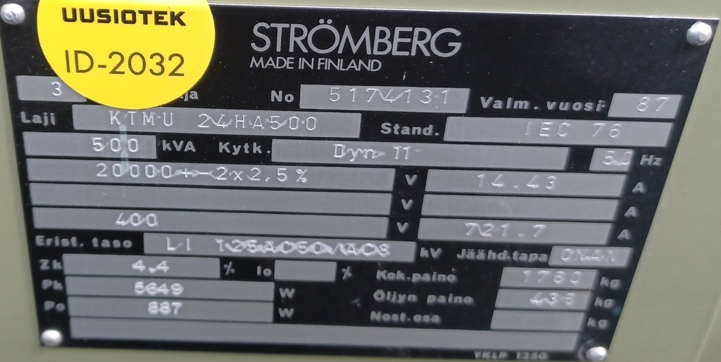 500kVA 20/0,4kV Öljymuuntaja Strömberg vm. 1987