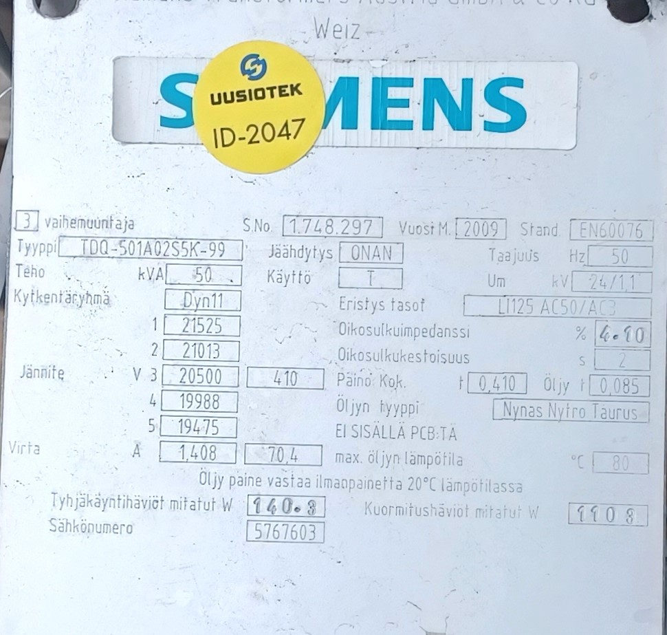 50kVA 20/0,4kV Oil transformer Siemens -2009