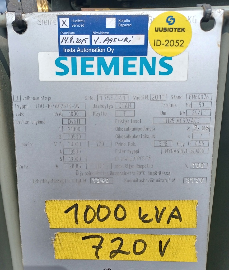 1000kVA 20/0,72kV Oil type transformer ABB -2010