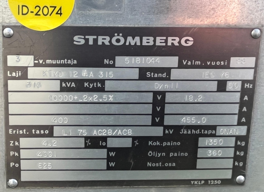 315kVA 20/0,4kV Oil transformer Strömberg -1988