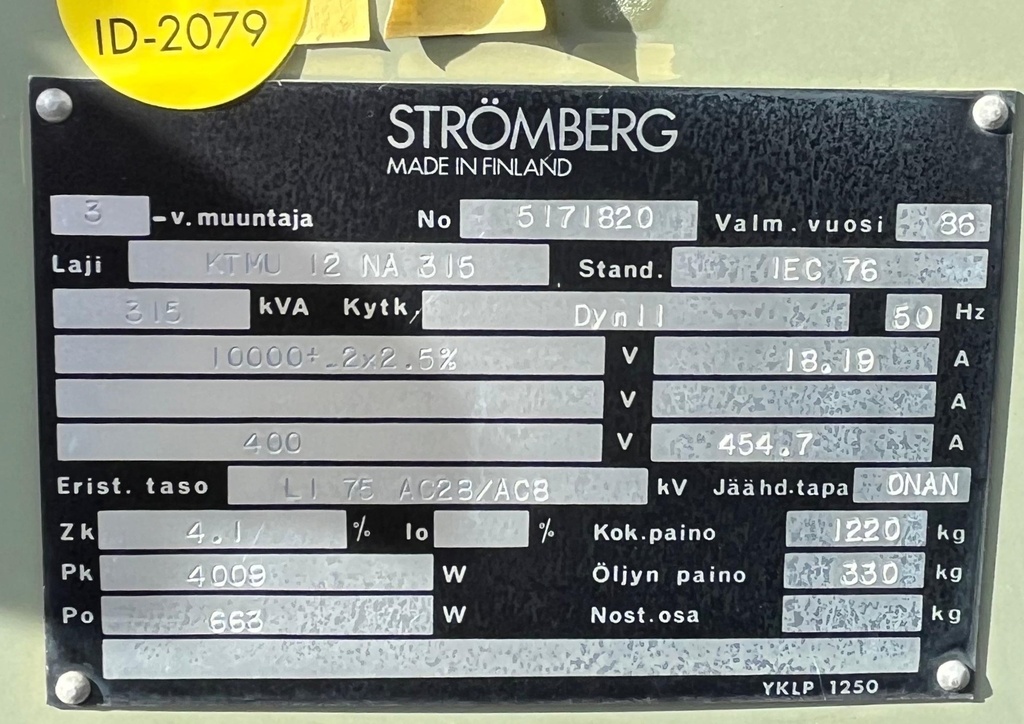 315kVA 10/0,4kV Oil transformer Strömberg -1986