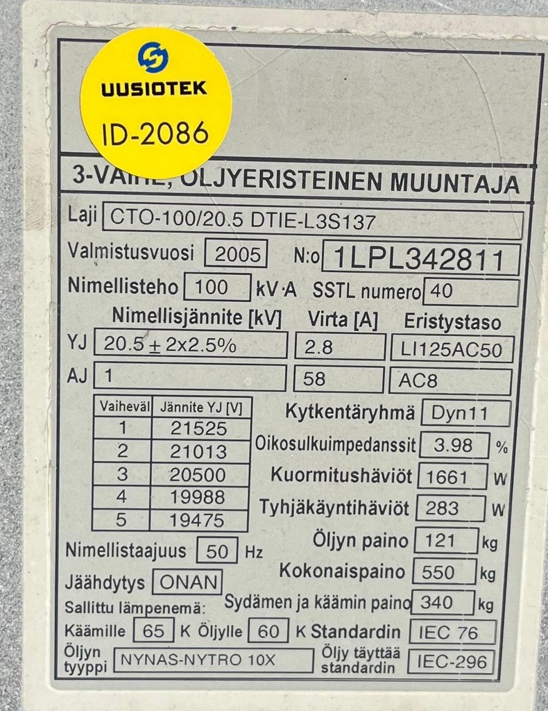 100kVA 20/1kV Öljymuuntaja ABB vm. 2005