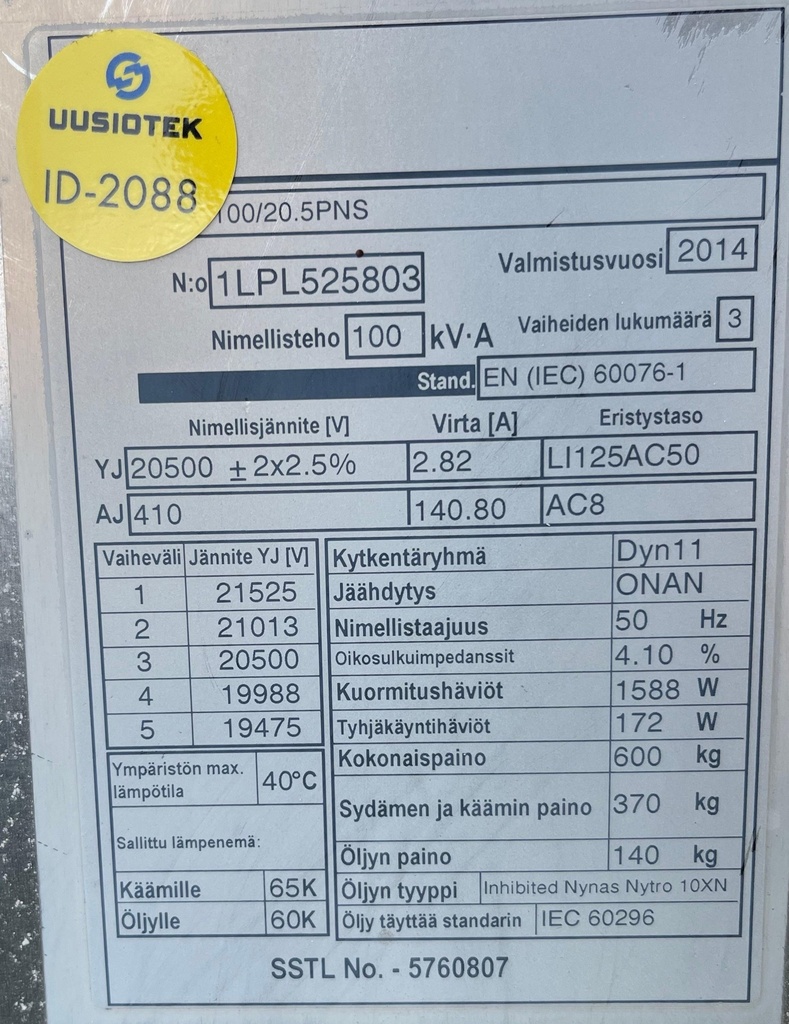 100kVA 20/0,4kV Öljymuuntaja ABB vm. 2014