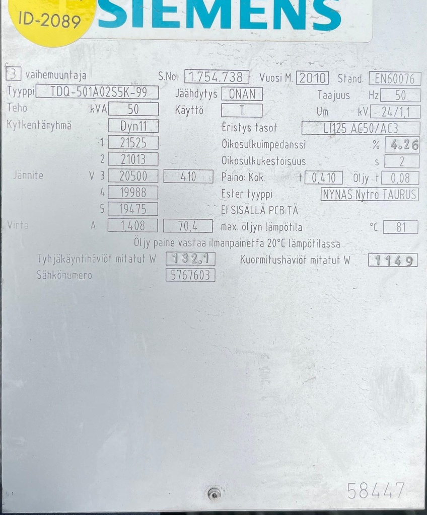 50kVA 20/0,4kV Oil transformer Siemens -2010