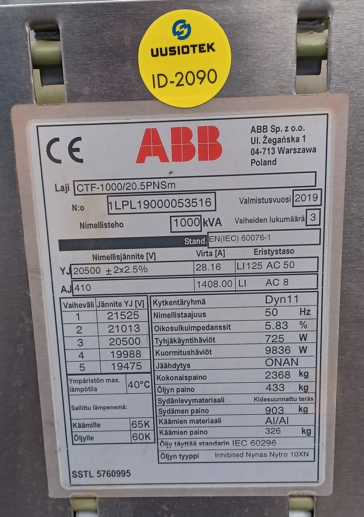 1000kVA 20/0,4kV Oil type transformer ABB -2019
