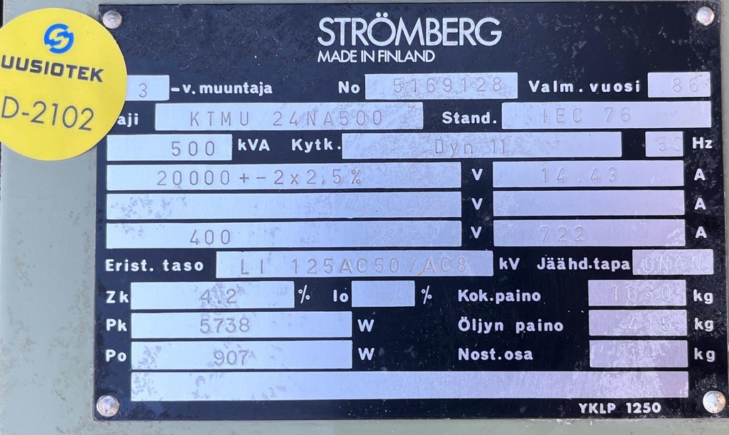 500kVA 20/0,4kV oil type transformer Strömberg -1986