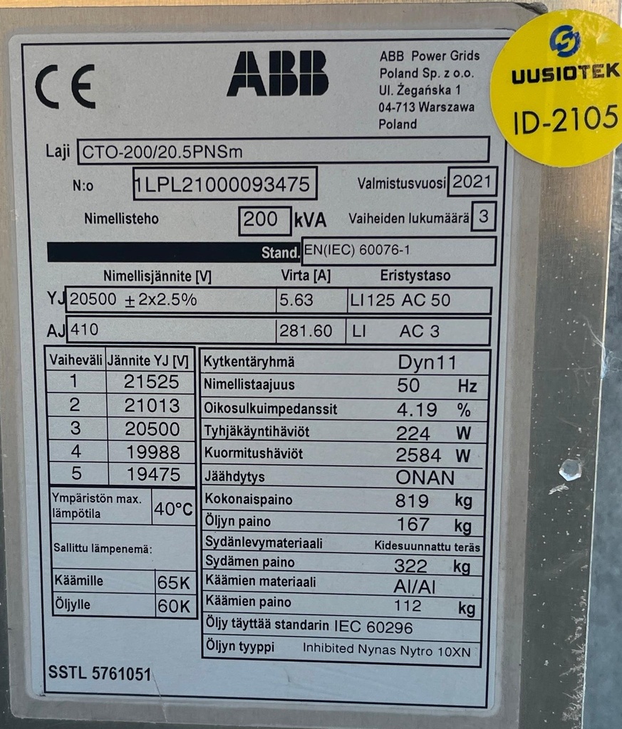 200kVA 20/0,4kV Öljymuuntaja ABB vm. 2021 VARATTU