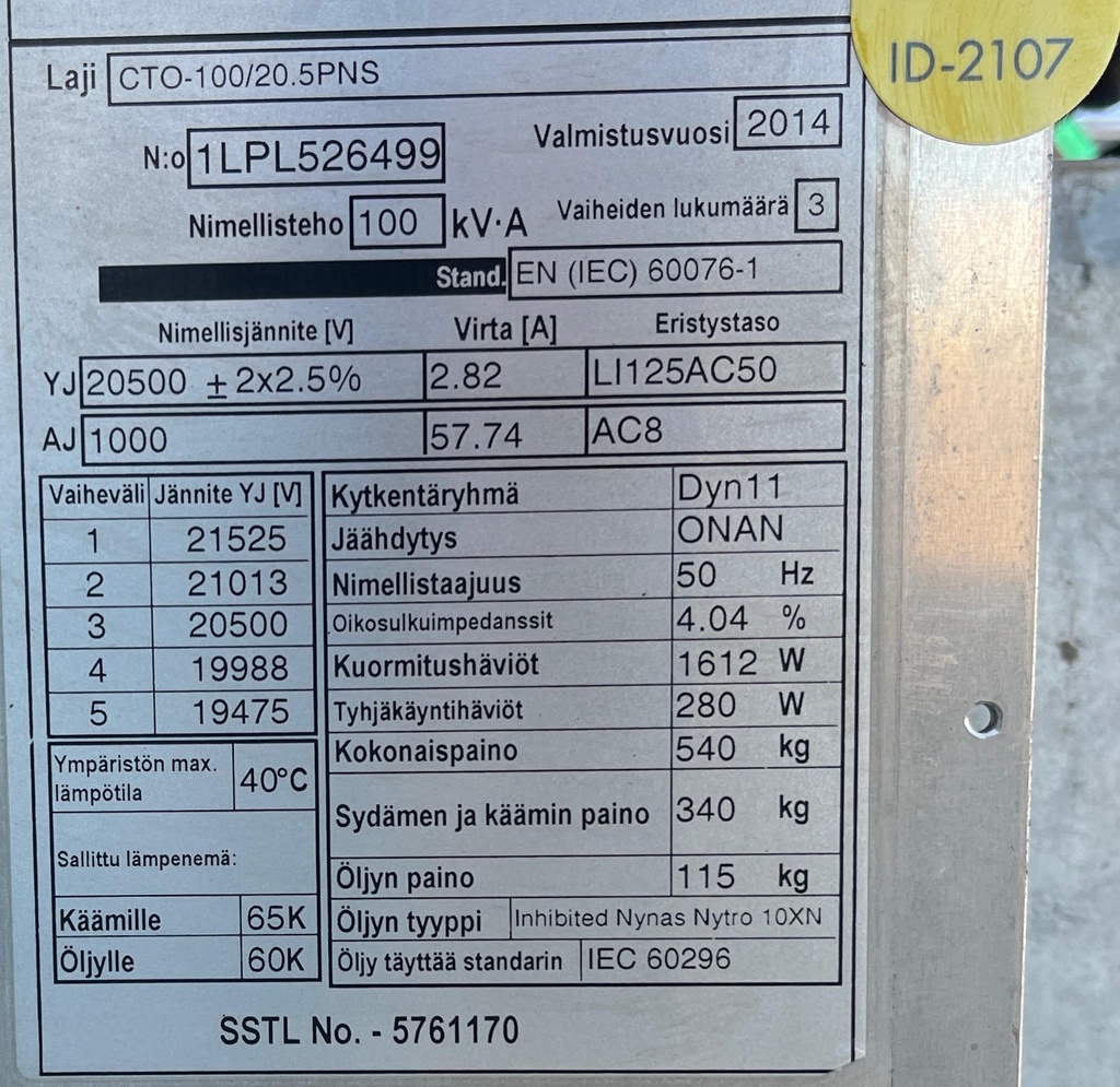 100kVA 20/1kV Oil transformer ABB -2014