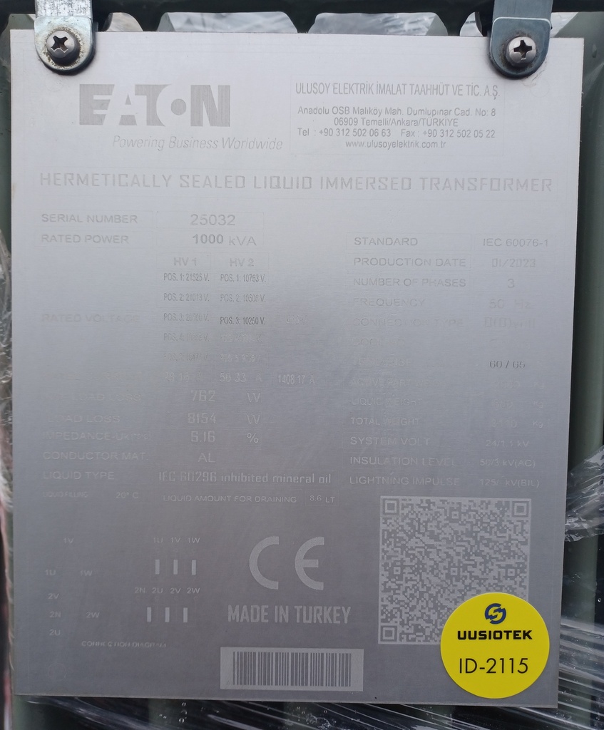 1000kVA 10-20/0,4 kV Öljymuuntaja Eaton vm. 2023