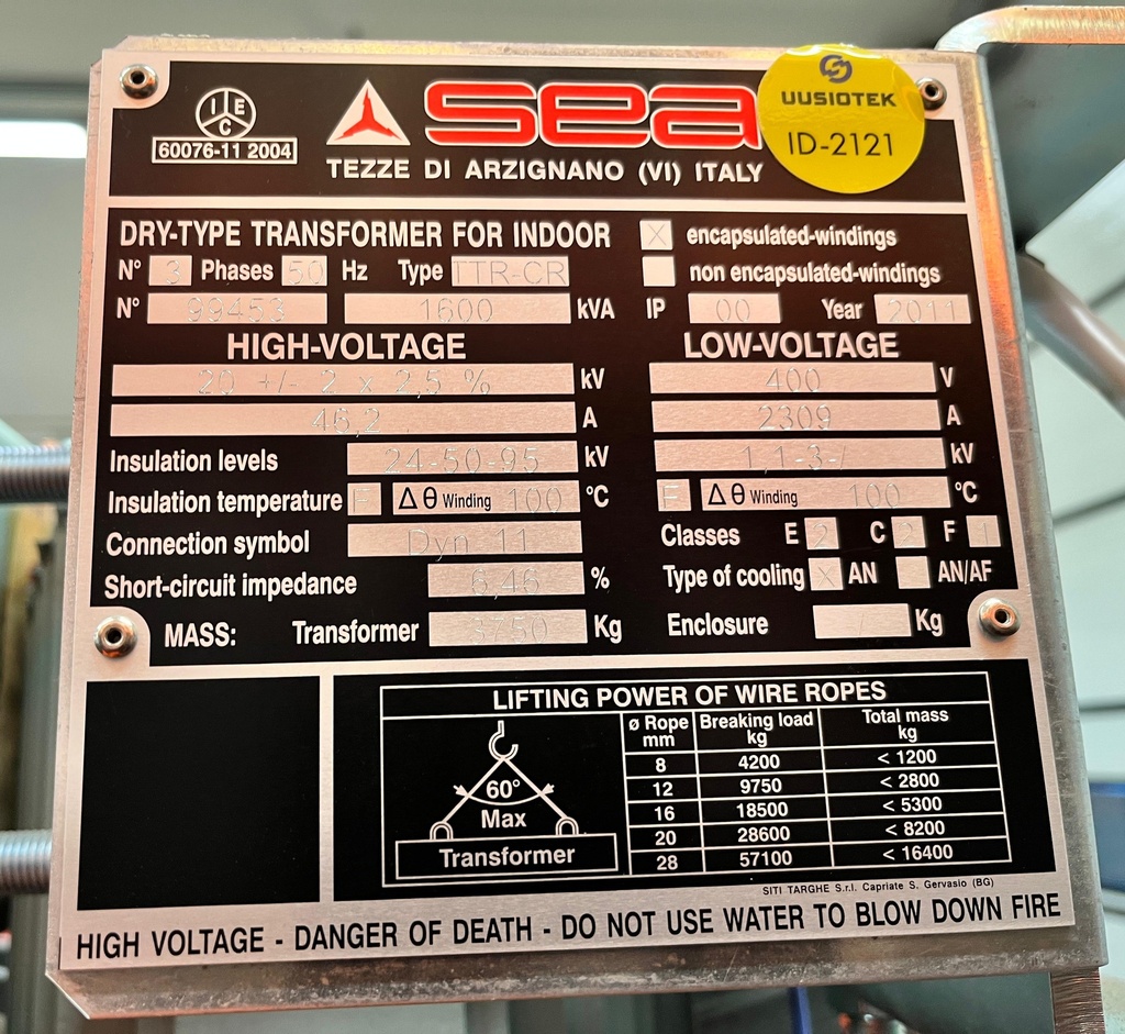 1600kVA 20/0,4kV dry type transformer SEA -2011