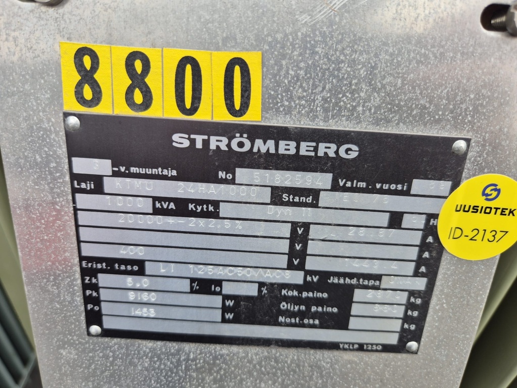 1000kVA 20/0,4kV oil type transformer Strömberg 1989
