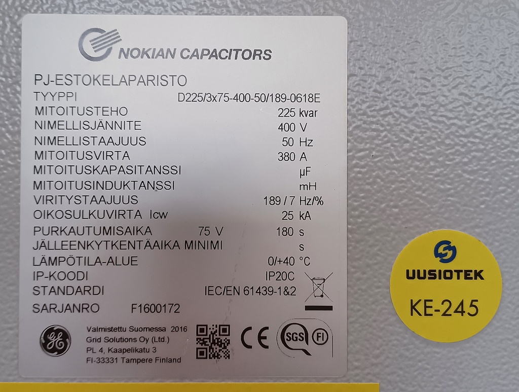 Nokia Estokelaparisto 225kVar 400V 380A 25kA vm. 2016