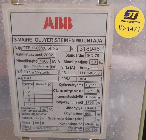 [ID-1471] 1600kVA 20/0,4kV Oil type transformer ABB -2002