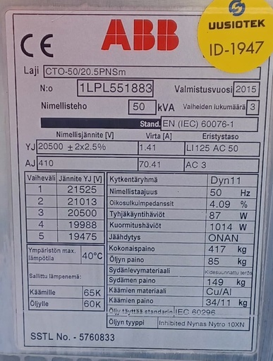 [ID-1947] 50kVA 20/0,4kV Öljymuuntaja ABB vm. 2015