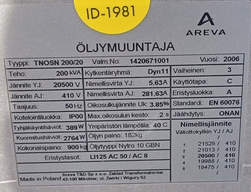 [ID-1981] 200kVA 20/0,4kV Öljymuuntaja Areva vm. 2006
