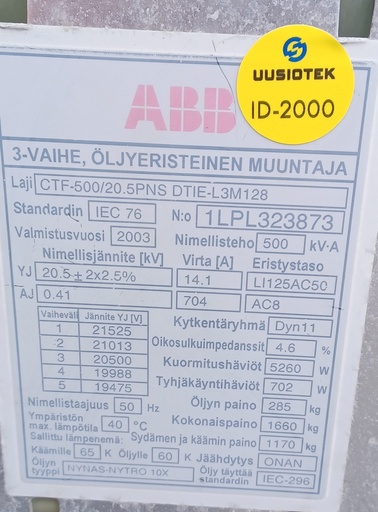 [ID-2000] 500kVA 20/0,4kV Öljymuuntaja ABB vm. 2003