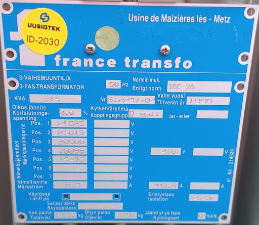 [ID-2030] 315kVA 20/0,4kV Öljymuuntaja France Transfo vm. 1995