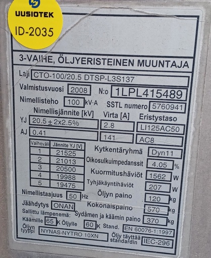 [ID-2035] 100kVA 20/0,4kV Öljymuuntaja ABB vm. 2008