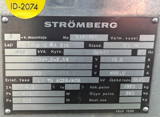 [ID-2074] 315kVA 10/0,4kV Öljymuuntaja Strömberg vm. 1988