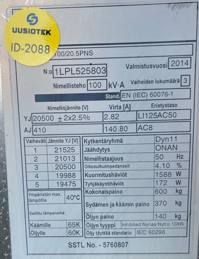 [ID-2088] 100kVA 20/0,4kV Öljymuuntaja ABB vm. 2014