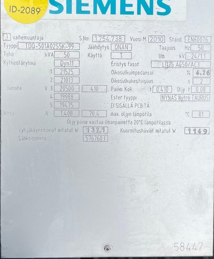 [ID-2089] 50kVA 20/0,4kV Oil transformer Siemens -2010