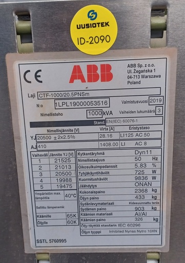 [ID-2090] 1000kVA 20/0,4kV Öljymuuntaja ABB vm. 2019