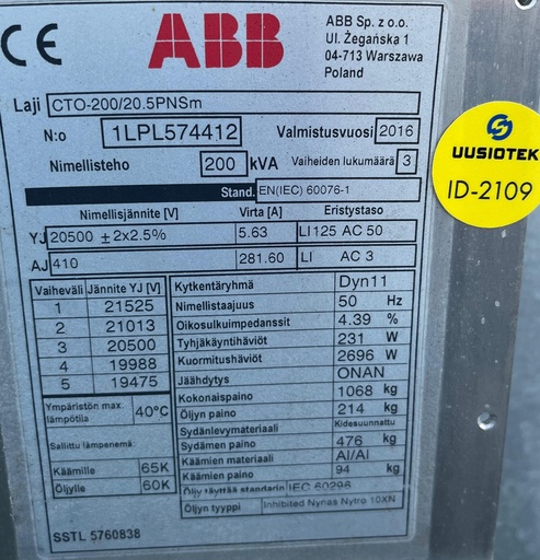 [ID-2109] 200kVA 20/0,4kV Öljymuuntaja ABB vm. 2016