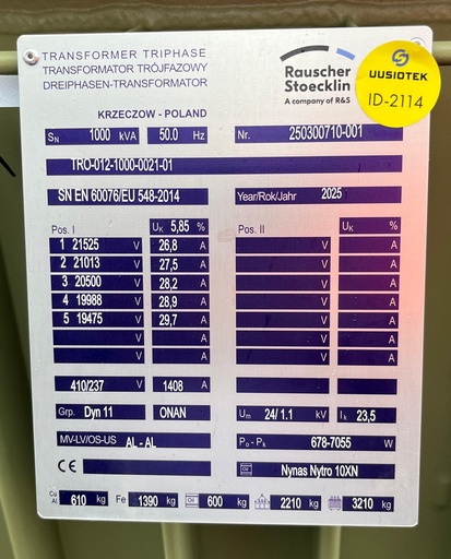 [ID-2114] 1000kVA 20,5/0,41 kV - 2025- oil type transformer Rauscher Stoecklin