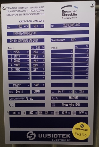 [ID-2116] 1000kVA 20/0,4 kV Öljymuuntaja Rauscher Stoecklin vm. 2025